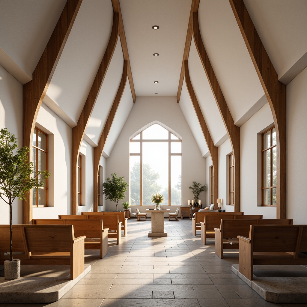 Prompt: Minimalist church interior, sleek modern lines, curved wooden accents, stained glass windows, geometric patterns, natural stone flooring, soft warm lighting, shallow depth of field, 3/4 composition, panoramic view, realistic textures, ambient occlusion, white plaster walls, subtle texture variations, understated decorative elements, simplistic furniture design, elegant candlelight, serene atmosphere, peaceful ambiance.