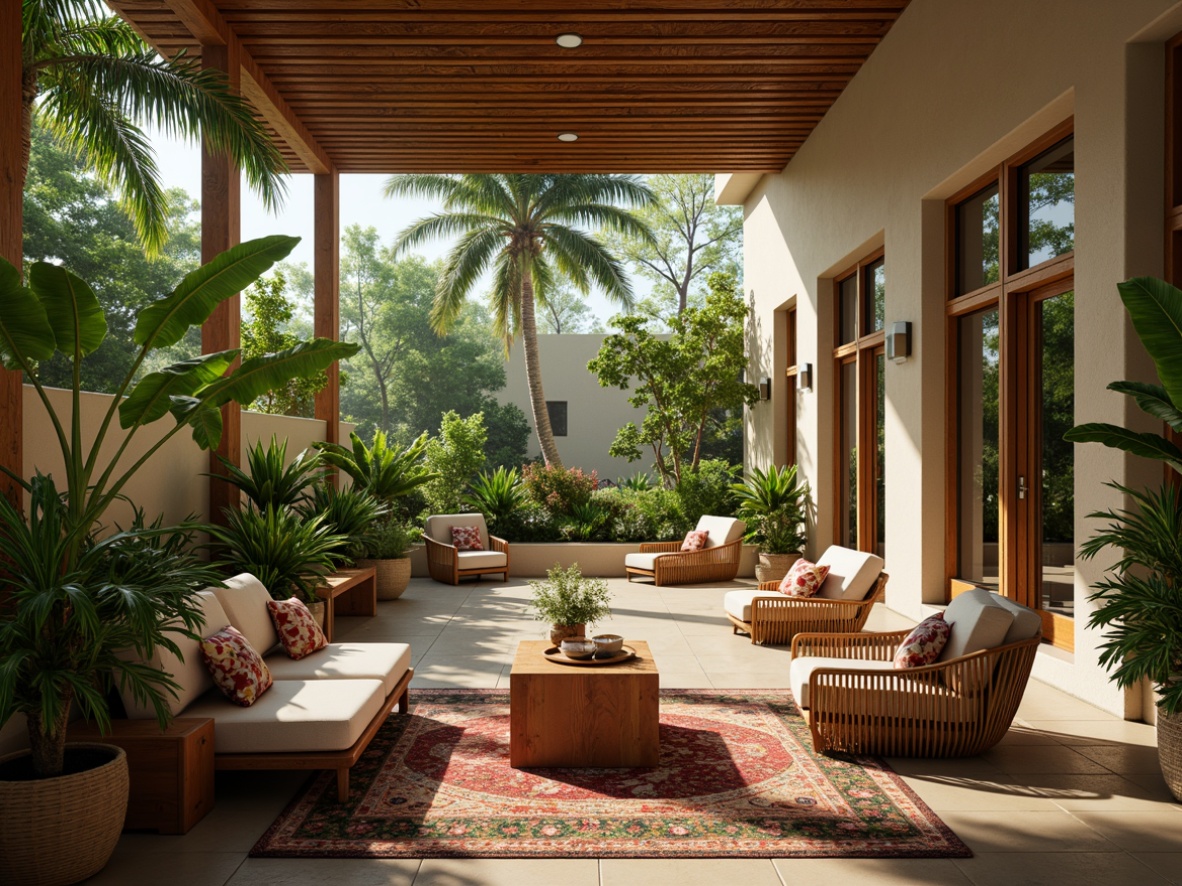 Prompt: Lush greenery, exotic plants, natural wood accents, rattan furniture, wicker chairs, vibrant colorful textiles, palm tree-inspired patterns, tropical flowers, warm beige walls, large windows, sliding glass doors, outdoor living areas, cozy reading nooks, plush throw pillows, ambient soft lighting, 1/2 composition, shallow depth of field, realistic textures, atmospheric misting effects.