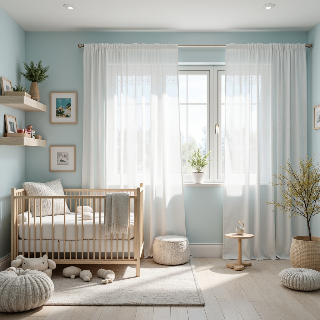 Prompt: \Soft baby blue nursery, calming atmosphere, creamy whites, gentle pastels, delicate lace patterns, fluffy cloud textures, warm beige accents, subtle sparkle effects, natural wood furniture, rounded crib shapes, cozy throw blankets, serene morning light, shallow depth of field, 1/1 composition, intimate close-up shots, realistic fabric simulations.\Let me know if this meets your requirements!