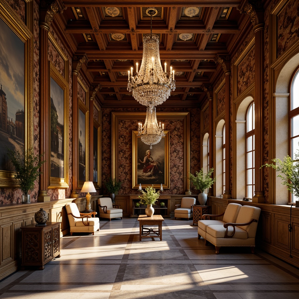 Prompt: Elegant museum interior, Renaissance-style decor, ornate wooden furniture, intricately carved chairs, velvet-upholstered sofas, gilded frames, antique vases, rich tapestries, crystal chandeliers, polished marble floors, warm golden lighting, subtle shadows, 1/1 composition, shallow depth of field, realistic textures, ambient occlusion.