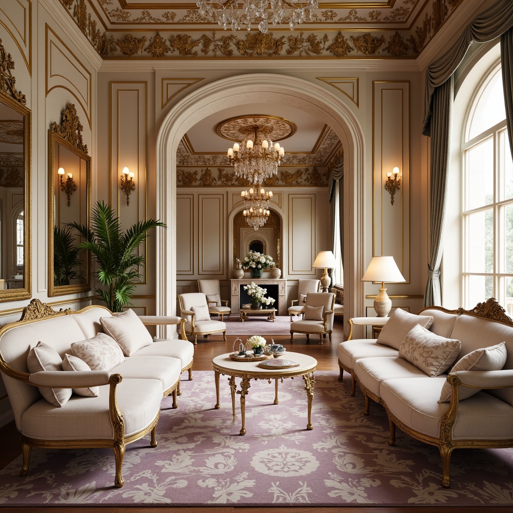 Prompt: Luxurious interior, ornate furnishings, soft golden lighting, rich velvet fabrics, intricate carvings, ornamental mirrors, pastel hues, delicate florals, creamy whites, warm beiges, pale pinks, lavender accents, subtle sheens, rococo patterns, elegant curves, refined details, opulent textures, lavish decor, sophisticated ambiance, intimate settings, dramatic chandeliers, crystal embellishments.