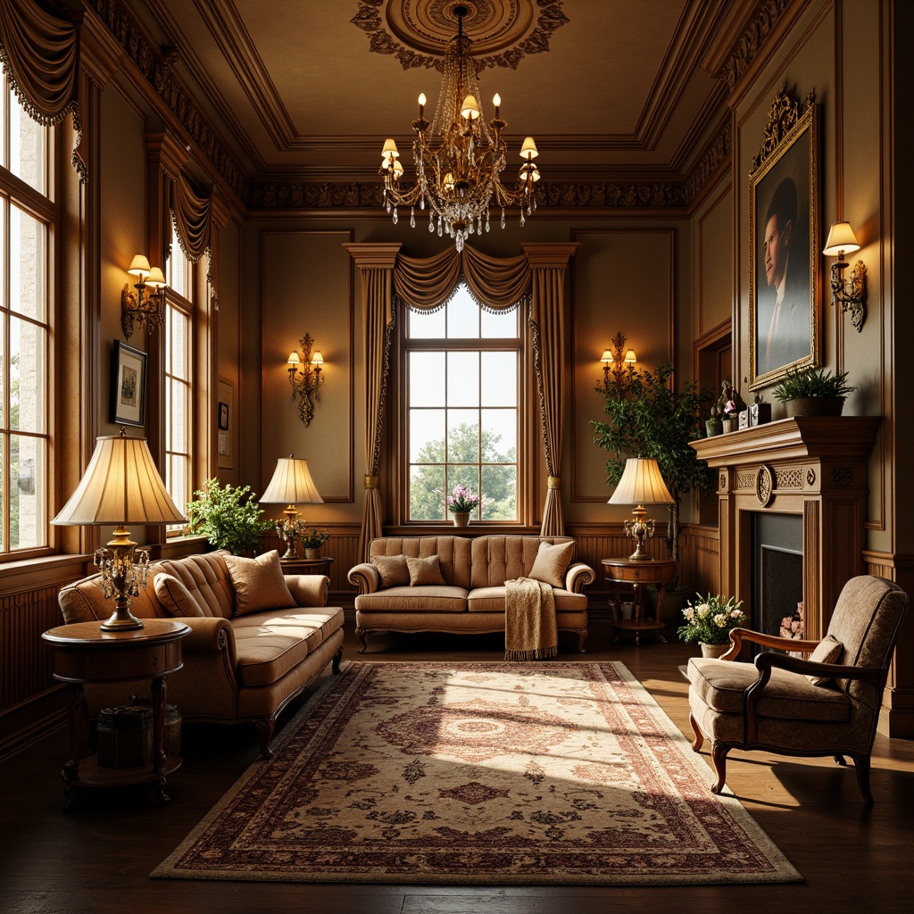 Prompt: Cozy family room, ornate Victorian-style furniture, plush velvet sofas, rich wood paneling, intricate carvings, warm golden lighting, table lamps with crystal shades, floor lamps with fringed shades, candelabras, grand chandelier, soft warm glow, morning sunlight, large windows with lace curtains, heavy drapery, dark wood flooring, vintage rug, warm beige walls, luxurious fabrics, rich textures, 1/1 composition, soft focus, warm color palette.