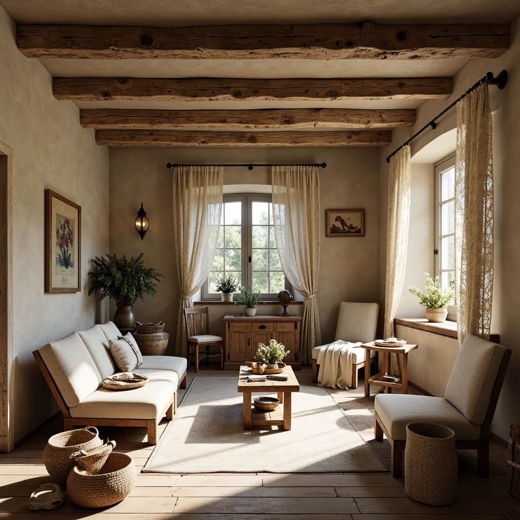 Prompt: Rustic French country cottage, distressed wood beams, stone walls, vintage furniture, soft warm lighting, natural fabrics, linen textiles, cotton lace curtains, velvet upholstery, woven baskets, antique rugs, earthy tones, muted colors, floral patterns, subtle stripes, natural fibers, organic textures, cozy ambiance, intimate setting, warm beige tones, gentle cream hues.