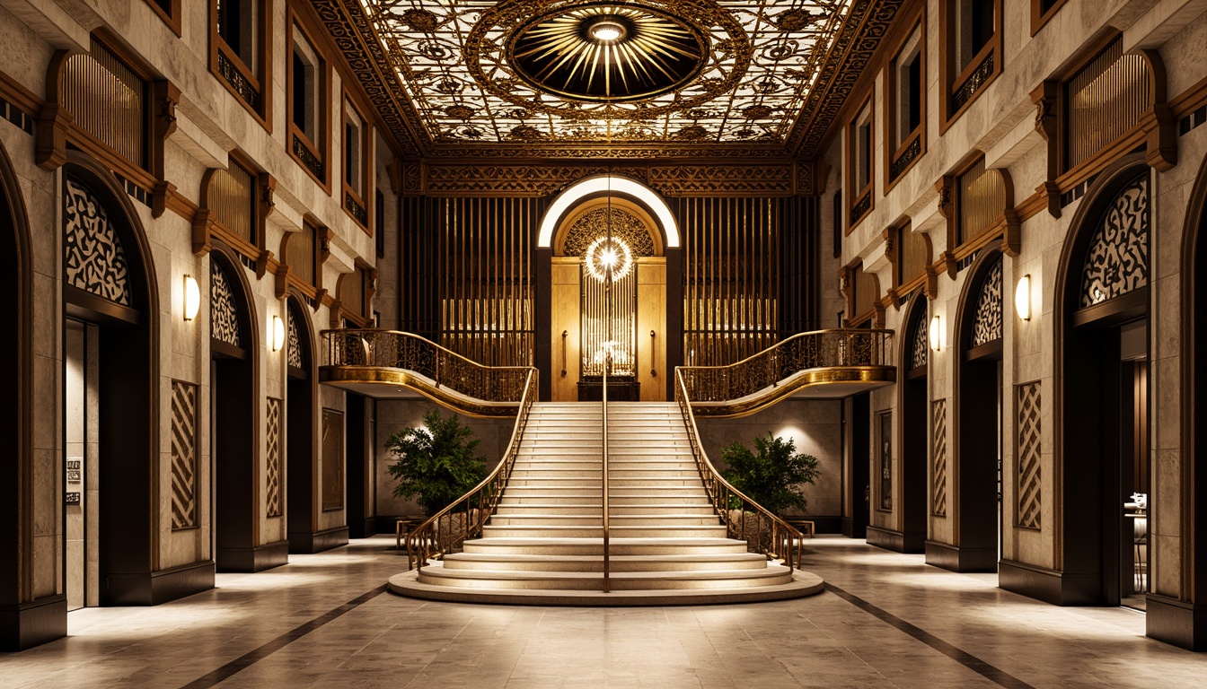 Prompt: Geometric pavilion, ornate metalwork, lavish decorations, symmetrical fa\u00e7ade, zigzag motifs, chevron patterns, sunburst designs, luxurious materials, marble floors, granite walls, metallic accents, stylized fonts, curved lines, circular shapes, opulent chandeliers, grand staircases, sweeping arches, elegant proportions, dramatic lighting, warm golden tones, high-contrast shadows, detailed textures, realistic reflections.