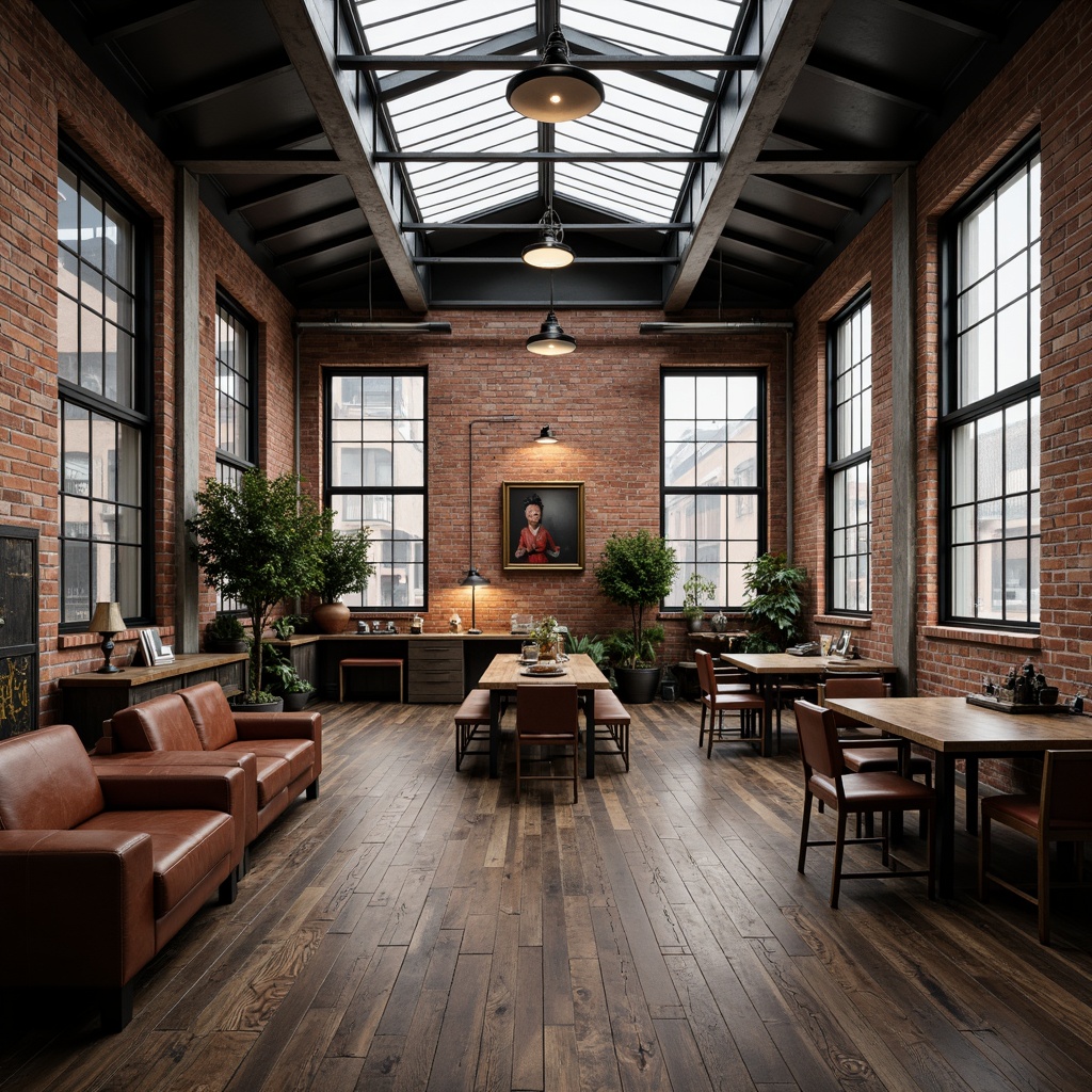 Prompt: Urban loft setting, exposed brick walls, metal beams, reclaimed wood floors, industrial-style lighting fixtures, steel windows, concrete columns, modern minimalist decor, functional workspaces, eclectic art pieces, distressed leather furniture, vintage machinery parts, rustic metal accents, gritty urban atmosphere, dramatic high ceilings, overhead skylights, bold color schemes, contrasting textures, 1/1 composition, moody lighting, cinematic ambiance.