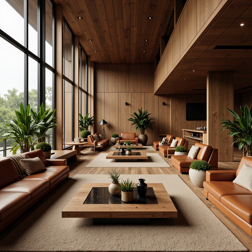 Prompt: Warm walnut wood paneling, rich leather upholstery, brass metal accents, matte black fixtures, sleek glass tables, natural woven textiles, earthy terracotta pottery, organic shapes, minimalist decor, abundant greenery, large windows, soft diffused lighting, shallow depth of field, 3/4 composition, panoramic view, realistic textures, ambient occlusion.