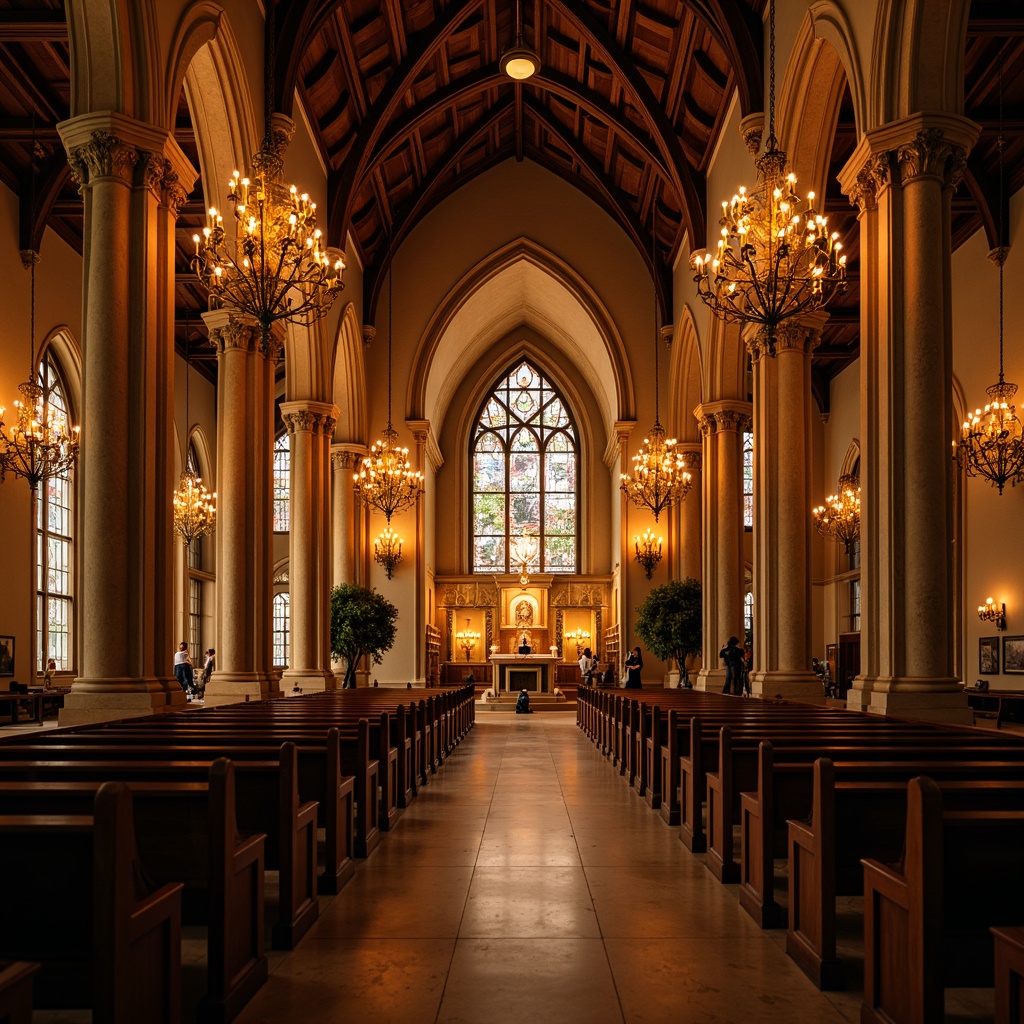 Prompt: Elegant worship hall, ornate chandeliers, warm golden lighting, subtle ambient glow, LED candles, suspended lanterns, natural stone columns, vaulted ceilings, stained glass windows, intricate wood carvings, serene atmosphere, peaceful ambiance, soft shadows, gentle illumination, 1/2 composition, narrow depth of field, warm color temperature, realistic reflections.