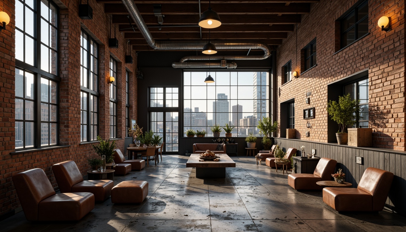 Prompt: Exposed brick walls, industrial metal beams, reclaimed wood accents, urban cityscape views, neutral tones, weathered steel surfaces, distressed concrete floors, moody atmospheric lighting, warm-toned leather furniture, vintage machinery elements, functional minimalist decor, rustic metal fixtures, earthy color scheme, rich textiles, urban loft-inspired aesthetic, gritty realism, high-contrast shadows, cinematic composition, dramatic spotlighting.