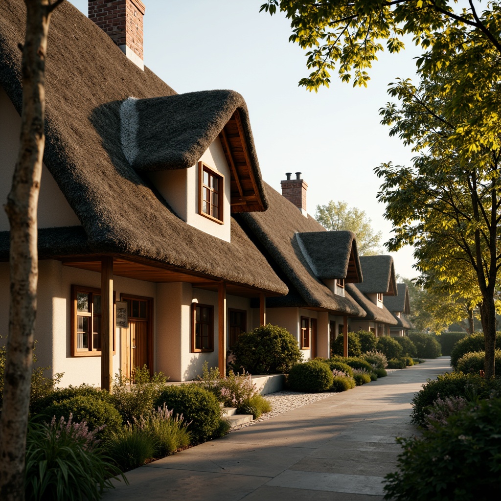 Prompt: Rustic thatched roofs, earthy tones, natural materials, traditional English countryside, academic style houses, stone walls, wooden beams, cozy dormer windows, lush greenery, overhanging trees, serene atmosphere, warm golden lighting, shallow depth of field, 3/4 composition, realistic textures, ambient occlusion.