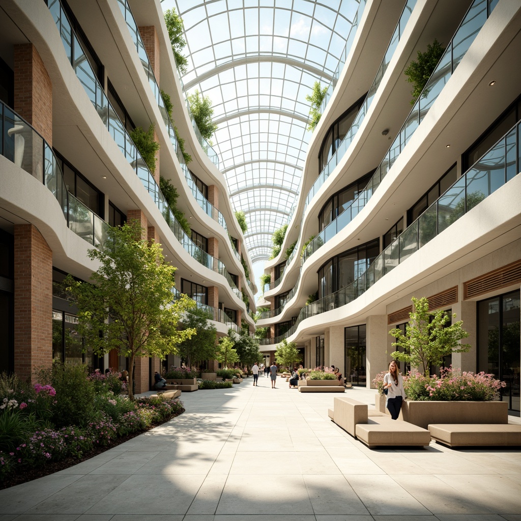 Prompt: Spacious atrium, natural light pouring in, sleek modern architecture, curved lines, minimalist design, polished marble floors, transparent glass ceilings, lush greenery, vibrant flowers, public art installations, comfortable seating areas, warm neutral color schemes, subtle ambient lighting, shallow depth of field, 3/4 composition, panoramic view, realistic textures, ambient occlusion.