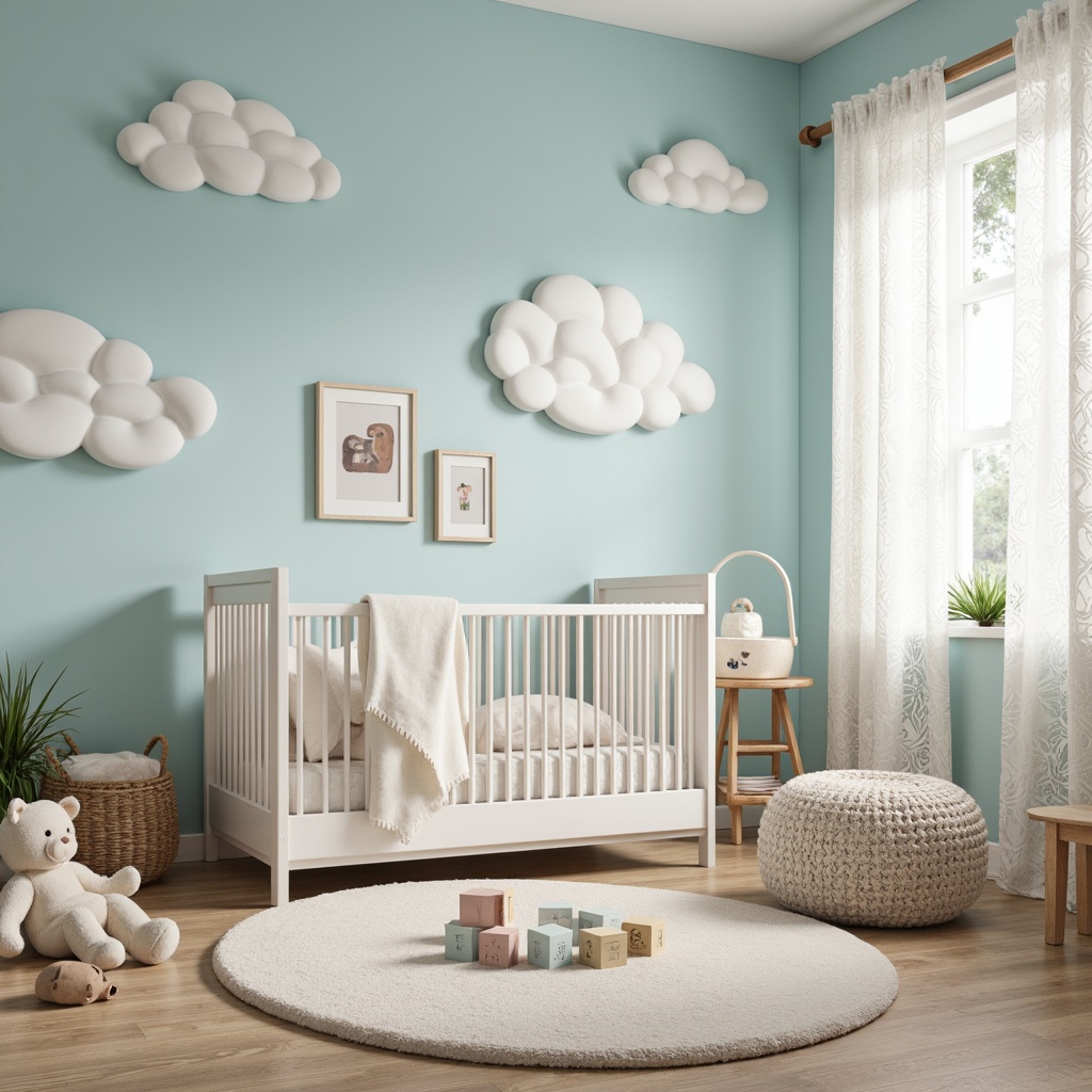 Prompt: Soft baby blue nursery, creamy white furniture, delicate lace curtains, pastel blue walls, gentle cloud patterns, plush toys, sweet baby blocks, wooden crib, soft cotton bedding, warm beige carpet, natural light pouring in, airy atmosphere, shallow depth of field, 1/1 composition, realistic textures, subtle shadows.