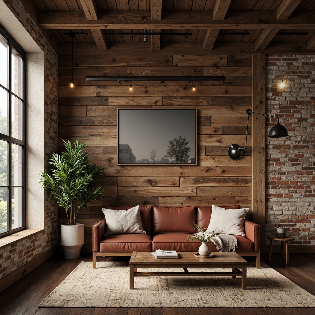 Prompt: Rustic wooden planks, distressed textures, natural stone veneers, earthy color palette, organic patterns, woven fibers, tactile surfaces, industrial chic, exposed brick, vintage accents, eclectic mix of materials, statement walls, bold geometric shapes, architectural details, dramatic lighting effects, warm ambient glow, cozy nooks, inviting atmosphere.