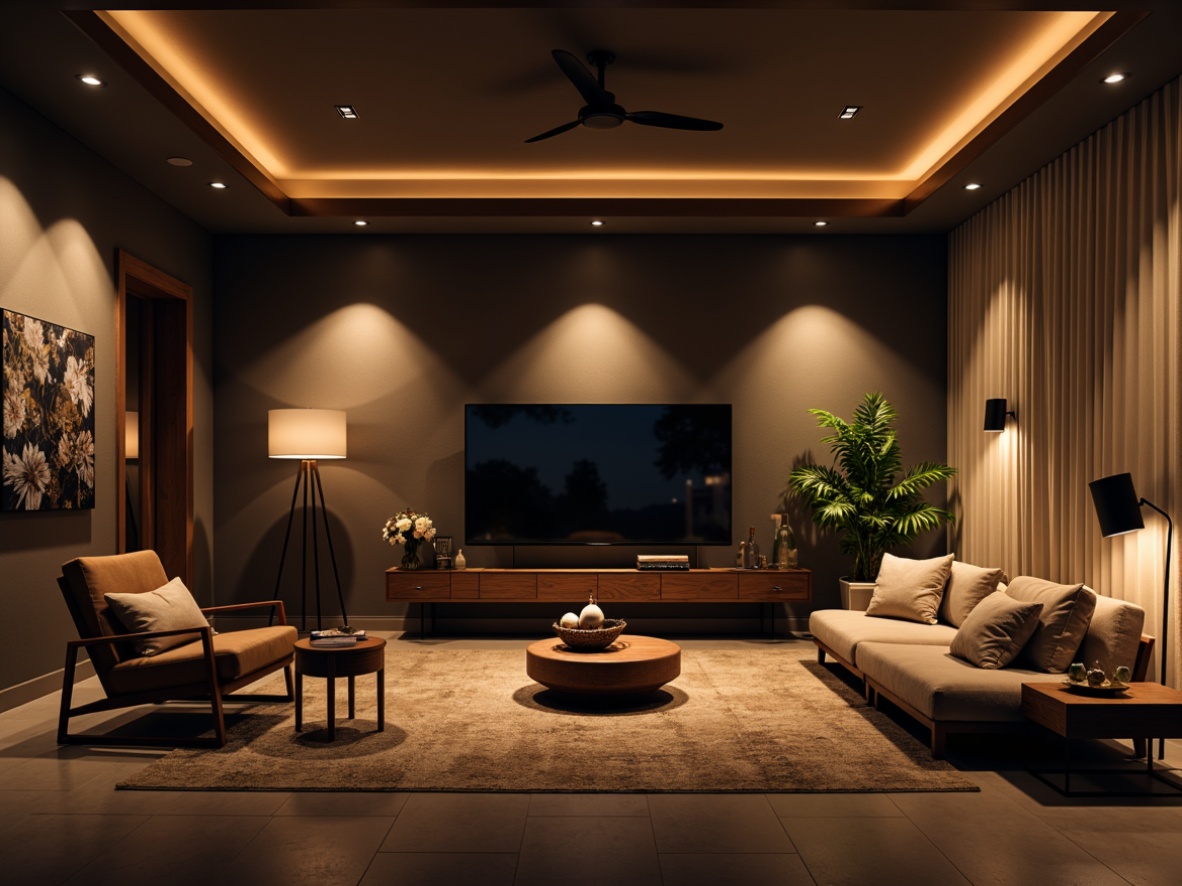 Prompt: Modern living room, sleek furniture, warm atmosphere, table lamps, floor lamps, pendant lights, recessed lighting, LED strips, soft warm glow, cozy ambiance, 3/4 composition, shallow depth of field, realistic textures, ambient occlusion.