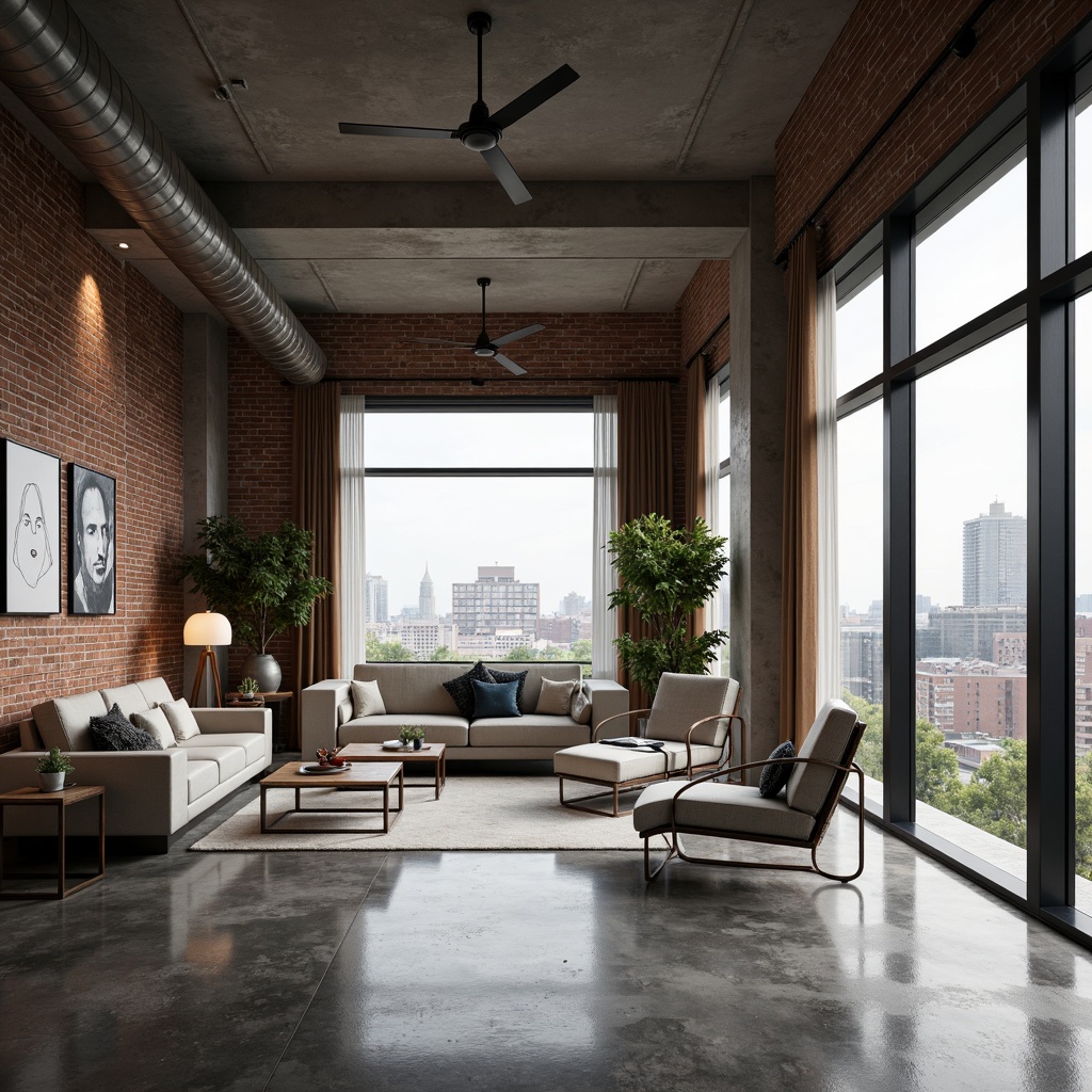 Prompt: Functional living room, open-plan layout, minimal ornamentation, industrial materials, exposed brick walls, polished concrete floors, geometric furniture, tubular steel chairs, rectangular coffee tables, functional lighting fixtures, abstract artwork, monochromatic color scheme, ample natural light, high ceilings, large windows, sliding glass doors, urban views, modern cityscape, brutalist architecture, 3/4 composition, shallow depth of field, soft warm lighting, realistic textures, ambient occlusion.