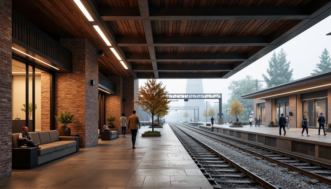 Prompt: Industrial-chic train station, exposed brick walls, polished concrete floors, steel beams, wooden accents, modern LED lighting, sleek glass railings, urban landscape views, bustling city atmosphere, natural stone columns, metallic tones, rich wood textures, warm ambient lighting, shallow depth of field, 3/4 composition, realistic reflections, atmospheric mist.