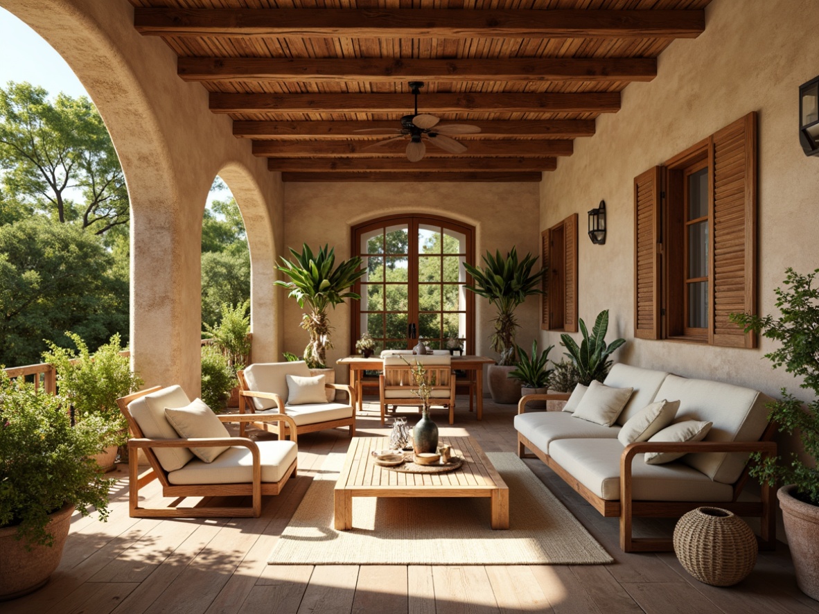 Prompt: Warm Mediterranean villa, rustic stone walls, curved archways, terracotta roof tiles, wooden shutters, lush greenery, fragrant herb gardens, weathered wood accents, natural linen fabrics, earthy color palette, warm beige stucco, distressed wood floors, woven rattan furniture, soft golden lighting, shallow depth of field, 1/1 composition, realistic textures, ambient occlusion.