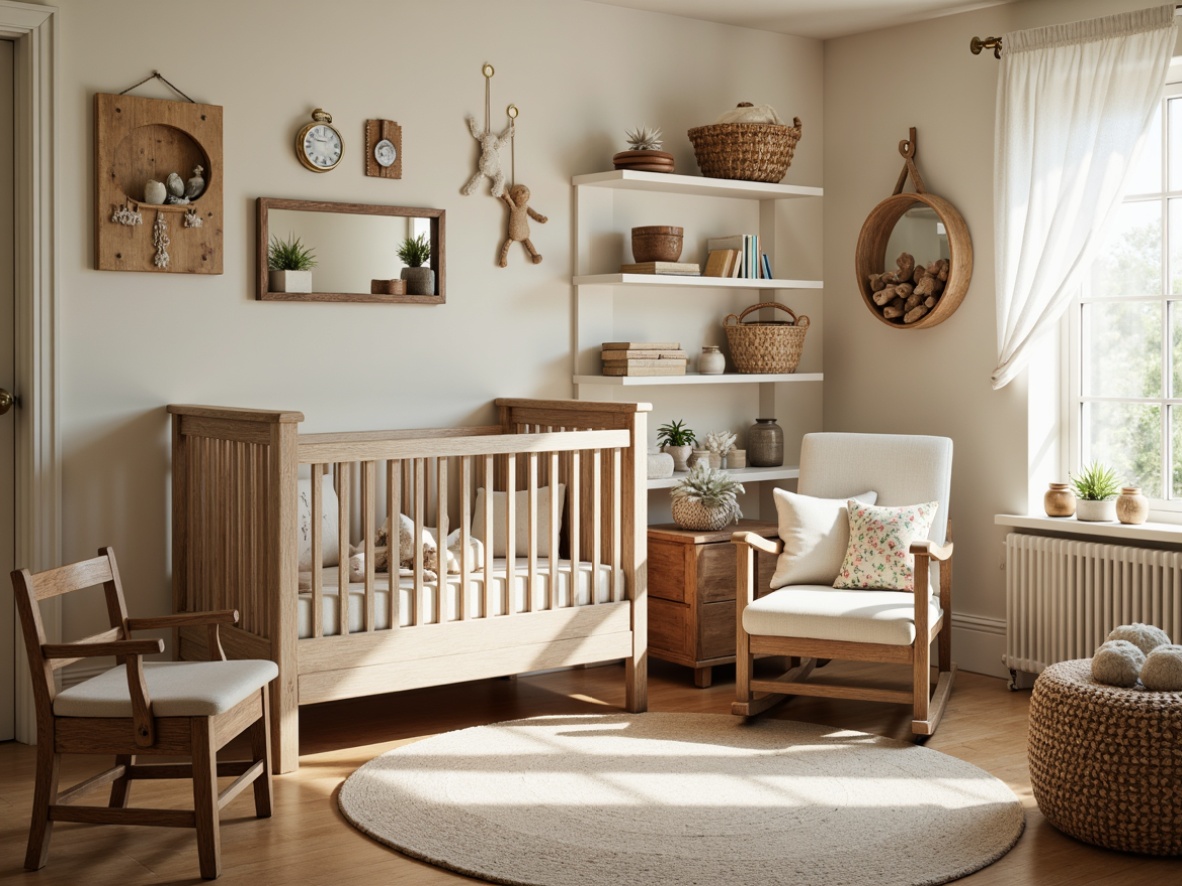 Prompt: Cozy baby room, vernacular style, distressed wood furniture, vintage cribs, plush toys, soft pastel colors, floral patterns, rustic wooden chairs, woven baskets, natural fiber rugs, earthy tones, warm lighting, creamy whites, beige linens, traditional nursery rhymes, antique decor pieces, classic children's books, whimsical mobiles, gentle fabric draping, comfortable gliders, serene atmosphere, shallow depth of field, 1/1 composition, soft focus, realistic textures.