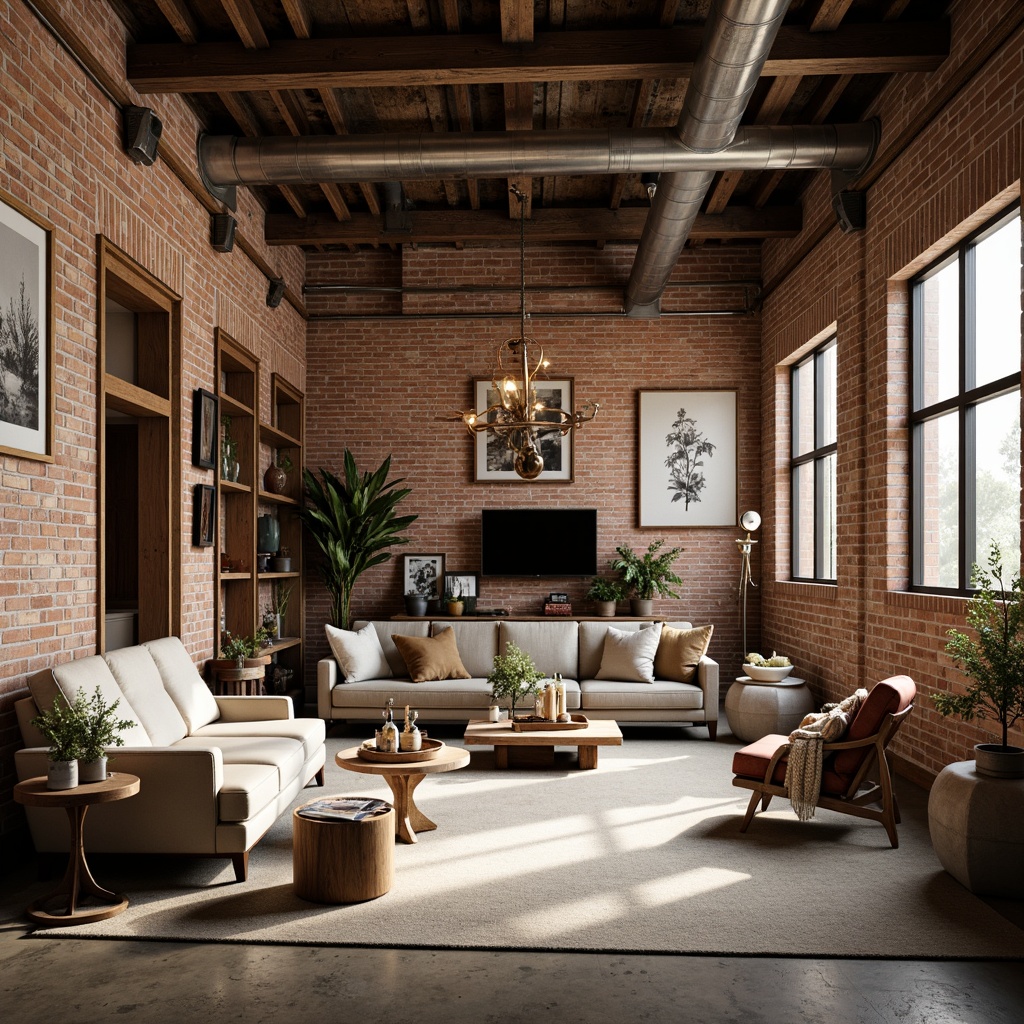 Prompt: Rustic industrial warehouse, exposed brick walls, metal beams, reclaimed wood accents, earthy tones, natural textiles, vintage decorative elements, eclectic furniture pieces, open shelving units, polished concrete floors, soft warm lighting, shallow depth of field, 1/1 composition, realistic textures, ambient occlusion, transitional style decor, modern industrial flair, adaptive reuse architecture, converted warehouse spaces, urban renewal projects.