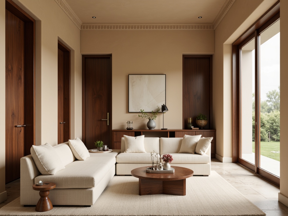 Prompt: Warm beige walls, rich walnut wood accents, soft cream-colored upholstery, polished chrome hardware, subtle linen textures, natural stone flooring, earthy terracotta tones, sophisticated neutral color palette, elegant crown molding, refined minimalist decor, cozy ambient lighting, 1/1 composition, shallow depth of field, realistic reflections.