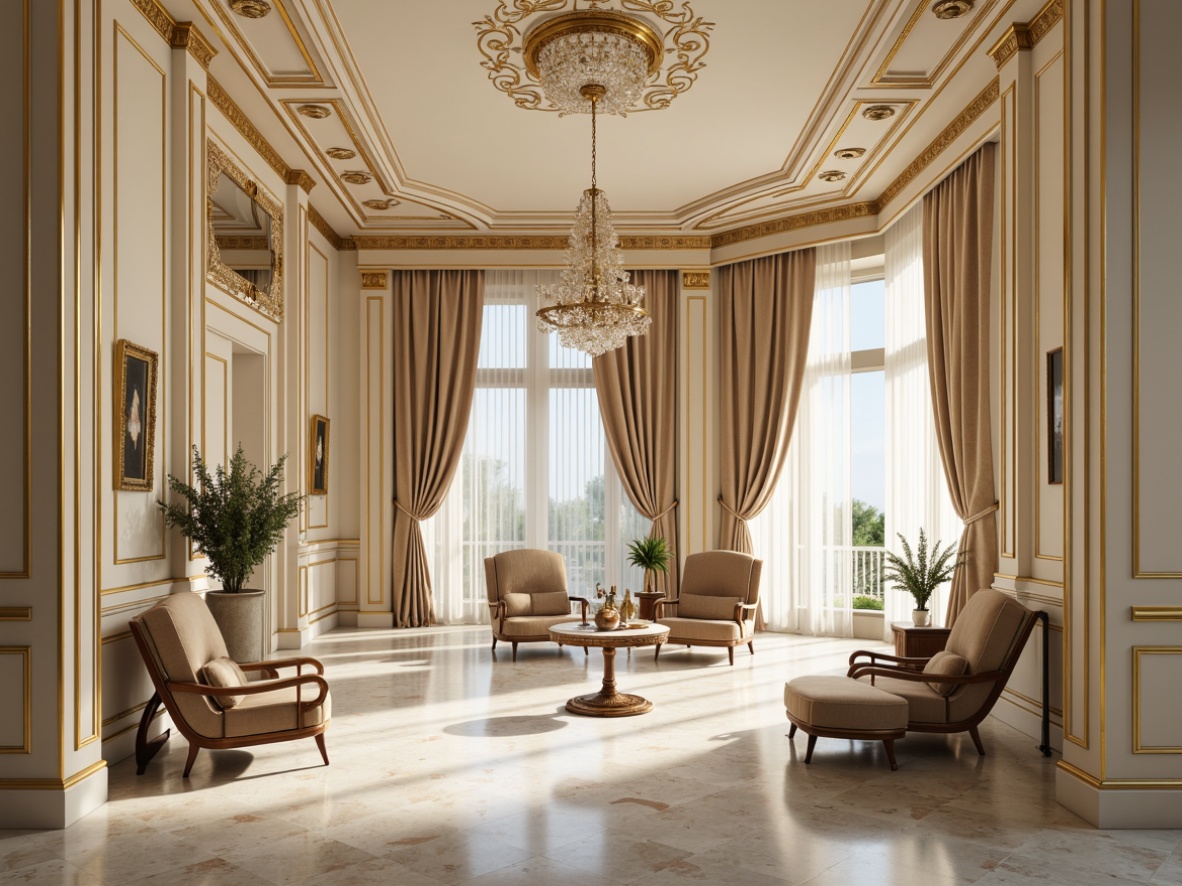 Prompt: Elegant neoclassical interior, rich marble floors, ornate gold molding, creamy white walls, soft beige furniture, velvet drapes, intricate wooden paneling, antique bronze fixtures, luxurious silk fabrics, subtle cream-colored ceilings, dramatic crystal chandeliers, warm golden lighting, shallow depth of field, 1/1 composition, realistic textures, ambient occlusion.