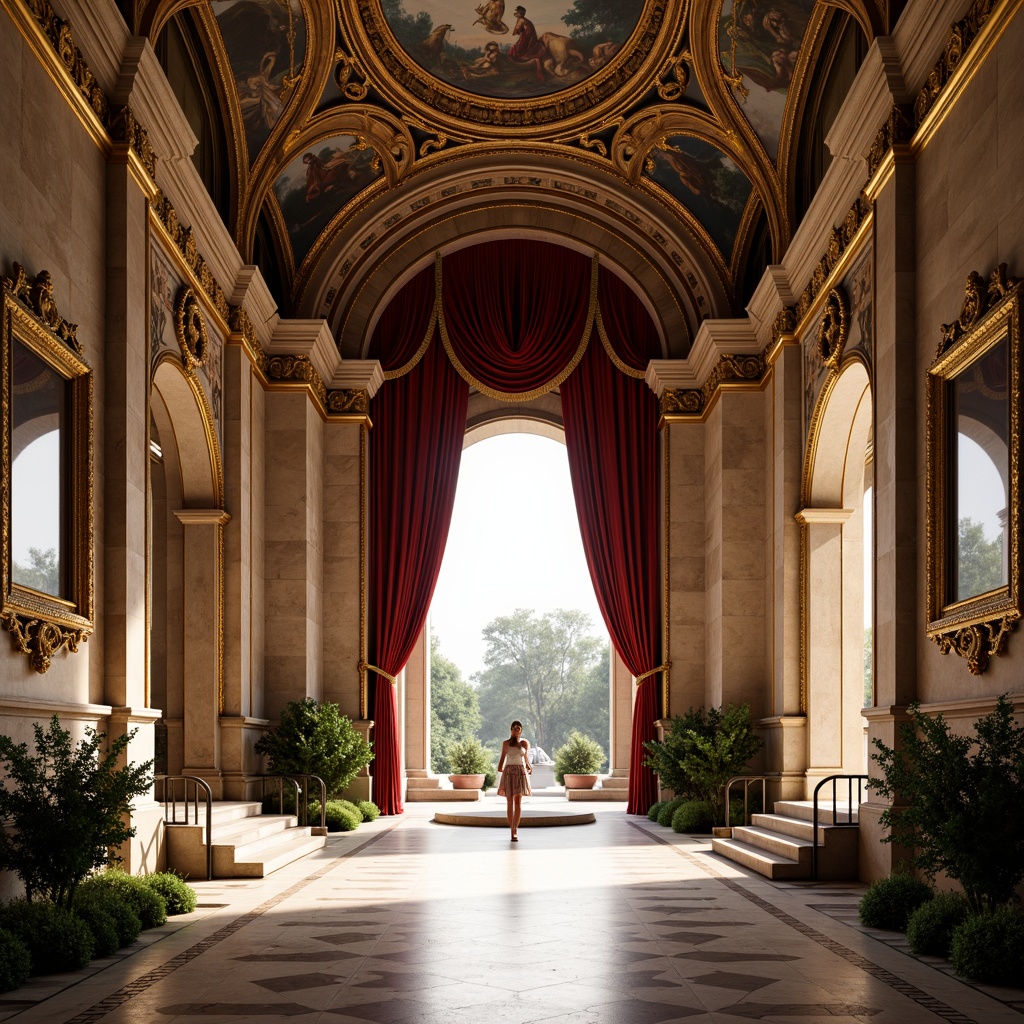 Prompt: Grand museum entrance, ornate stone carvings, rich velvet drapes, gilded frames, Baroque-inspired details, intricate frescoes, high ceilings, marble floors, warm golden lighting, soft focus, 1/2 composition, symmetrical balance, classical columns, ornamental fountains, lush greenery, subtle texture blending, realistic material rendering, ambient occlusion.