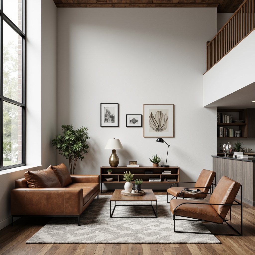 Prompt: Minimalist living room, industrial-style lamps, sleek metal coffee tables, leather-upholstered sofas, geometric-patterned rugs, functional shelving units, minimalist decorative walls, neutral color palette, natural light pouring in, large windows, wooden floorings, sparse decor, modern art pieces, clean lines, rectangular shapes, functional simplicity, 1/1 composition, high contrast lighting, shallow depth of field.