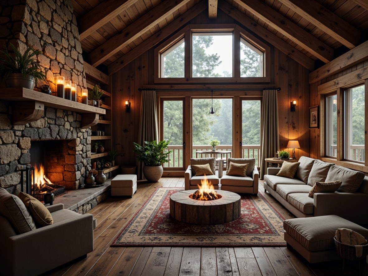 Prompt: Rustic mountain lodge, natural stone walls, rough-hewn wooden beams, earthy color palette, warm candle lighting, cozy fire pit, plush furnishings, reclaimed wood accents, rugged stone flooring, distressed metal decor, vintage outdoor gear, forest surroundings, misty morning atmosphere, soft natural light, shallow depth of field, 1/1 composition, realistic textures, ambient occlusion.