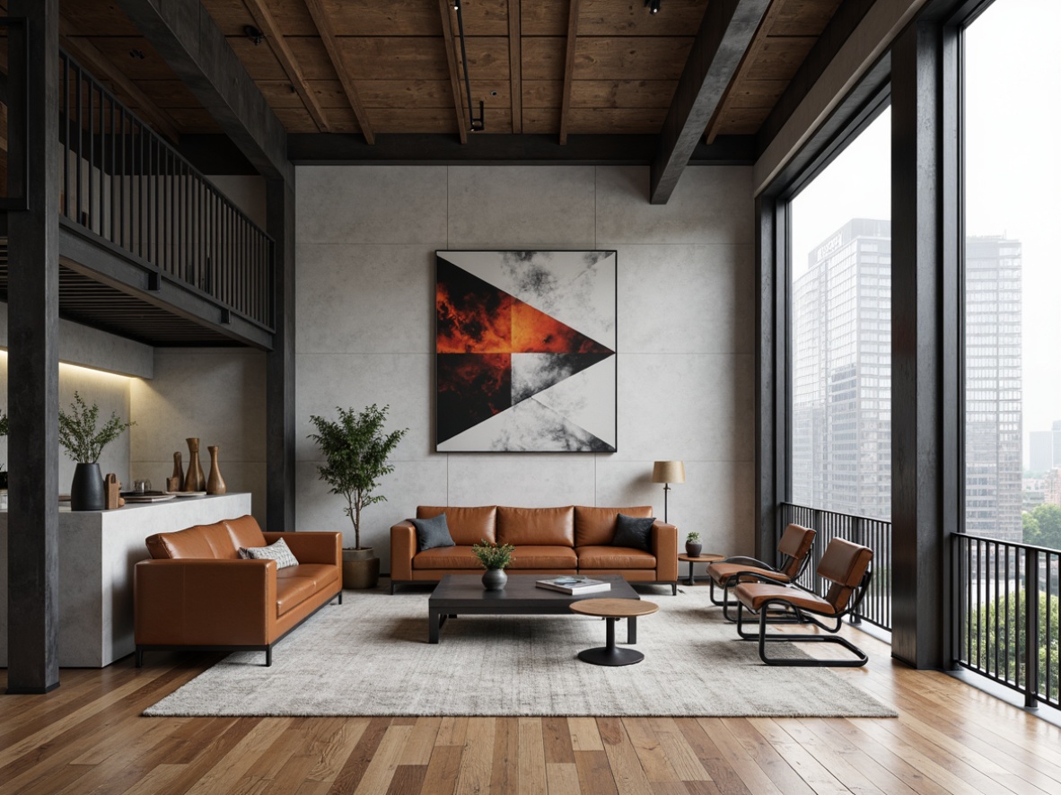 Prompt: Industrial metal frames, raw concrete walls, polished wooden floors, minimalist steel furniture, leather upholstery, sleek chrome accents, matte black surfaces, bold color blocking, geometric patterns, functional simplicity, natural light pouring, high ceilings, open floor plans, urban cityscape views, modernist architecture, brutalist aesthetics, abstract artwork, functional minimalism.