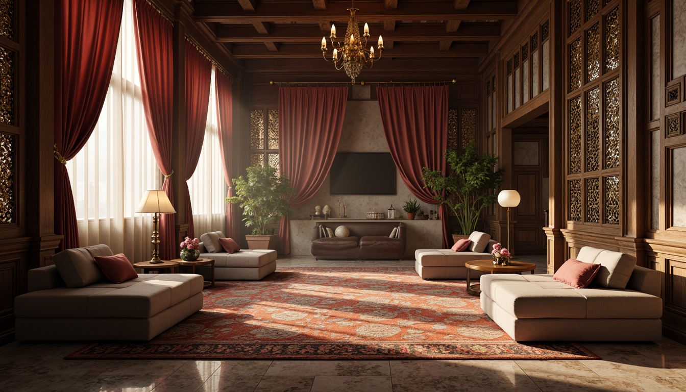 Prompt: Luxurious velvet drapes, intricately patterned rugs, polished marble floors, richly grained wooden accents, metallic mesh screens, delicate lace curtains, soft suede upholstery, ornate carved stone walls, warm ambient lighting, cozy atmospheric mist, 1/2 composition, shallow depth of field, cinematic camera angles, realistic material reflections.