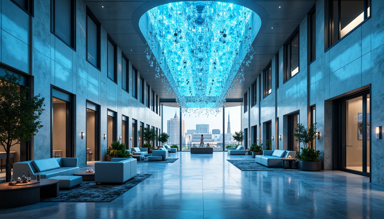 Prompt: Futuristic hotel lobby, sky blue accent walls, iridescent glass chandeliers, neon light installations, metallic silver flooring, minimalist furnishings, holographic displays, sleek elevator systems, luxurious amenities, robotic concierge services, space-age inspired decor, circular windows, panoramic city views, soft ambient lighting, shallow depth of field, 1/2 composition, atmospheric mist effects.