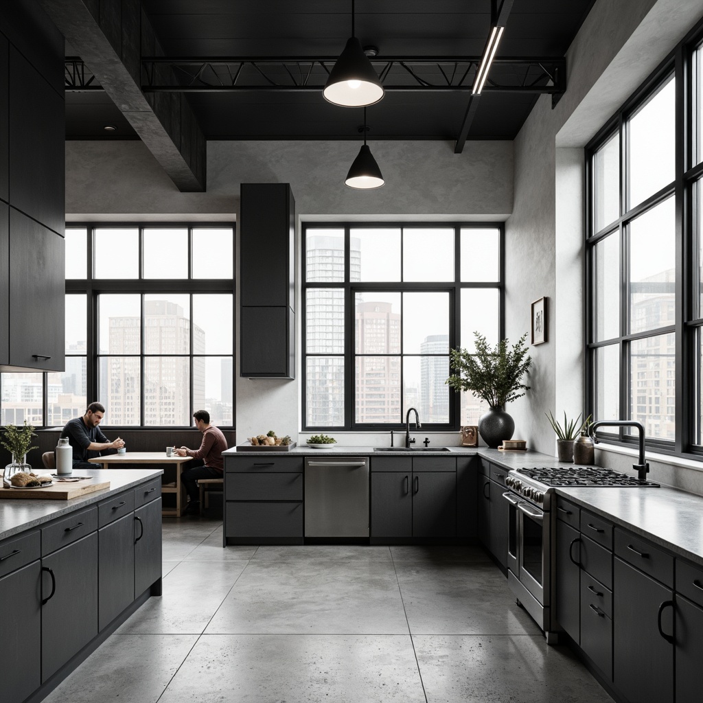 Prompt: Minimalist kitchen, industrial chic, monochromatic color scheme, sleek cabinetry, stainless steel appliances, functional layout, geometric shapes, clean lines, abundant natural light, large windows, urban loft atmosphere, polished concrete floors, metal accents, graphic patterns, bold typography, task-oriented lighting, 1/1 composition, high contrast ratio, shallow depth of field.