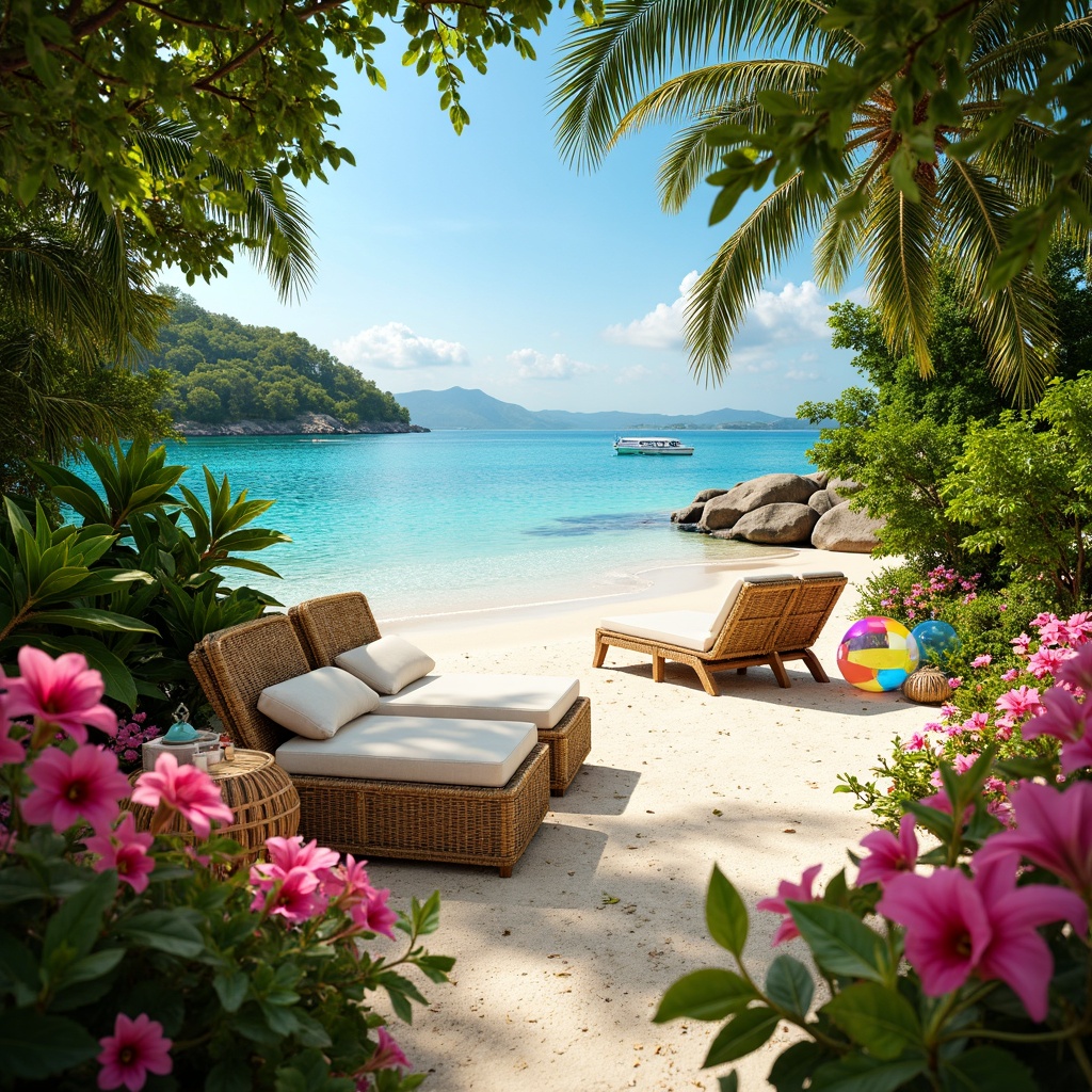 Prompt: Vibrant tropical leaves, exotic flowers, warm sandy beaches, crystal-clear waters, bright coral reefs, colorful beach balls, woven rattan furniture, natural wood accents, bamboo textures, palm tree silhouettes, sunny day, soft warm lighting, shallow depth of field, 1/1 composition, realistic textures, ambient occlusion.