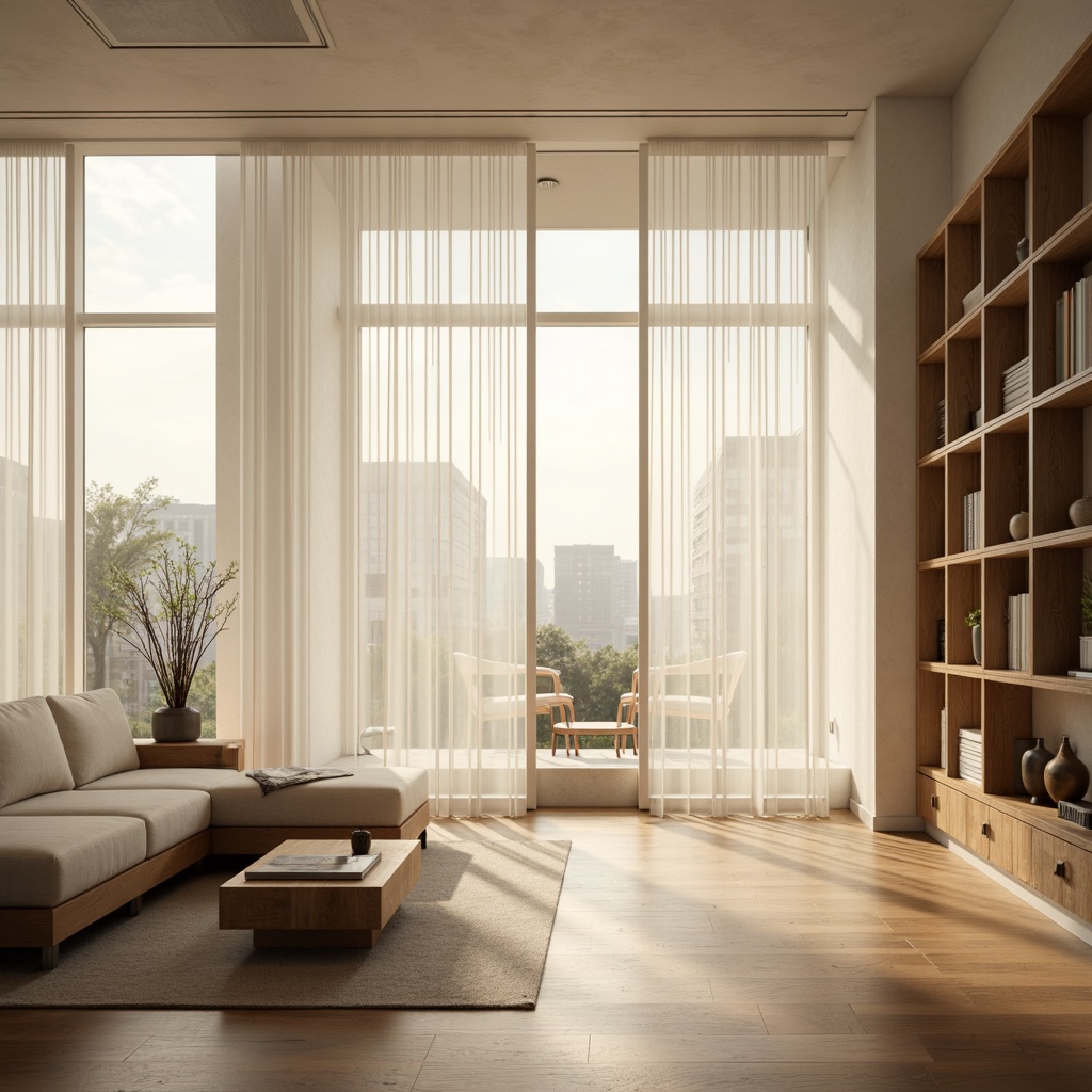 Prompt: Minimalist interior, soft warm glow, natural light pouring in, large windows, sheer white curtains, subtle shadows, neutral color palette, clean lines, minimal ornamentation, sleek surfaces, ambient lighting, floor lamps, table lamps, hidden light sources, diffused illumination, 1/1 composition, realistic textures, shallow depth of field, calm atmosphere, peaceful ambiance.