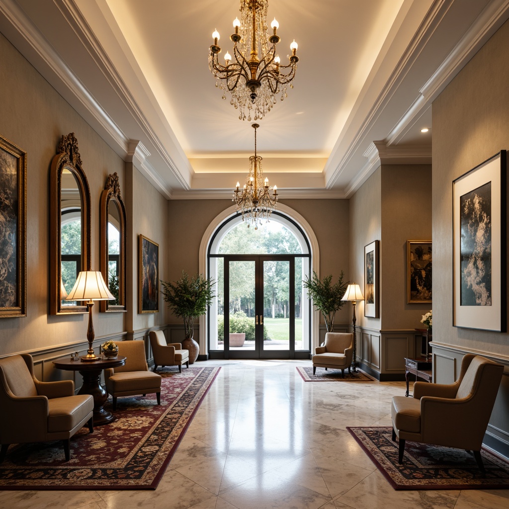 Prompt: Elegant entrance hall, luxurious chandelier, high ceiling, marble flooring, ornate mirrors, sophisticated console tables, refined armchairs, plush area rugs, stylish vases, modern abstract artwork, soft warm lighting, shallow depth of field, 1/1 composition, realistic textures, ambient occlusion.