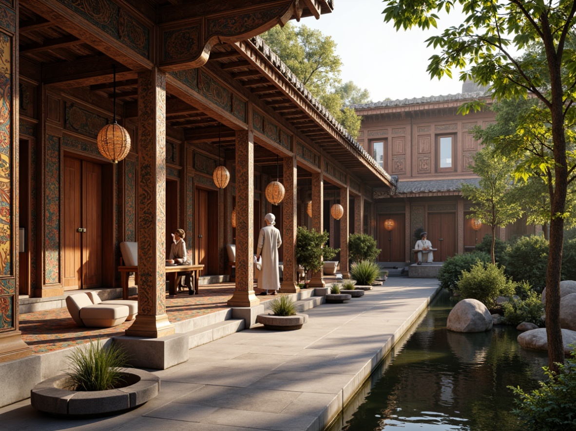 Prompt: Traditional ornate temple, intricate carvings, vibrant cultural patterns, richly textured fabrics, ornamental lanterns, majestic stone statues, serene water features, lush greenery, peaceful courtyard, warm golden lighting, soft focus, shallow depth of field, 1/2 composition, realistic textures, ambient occlusion.