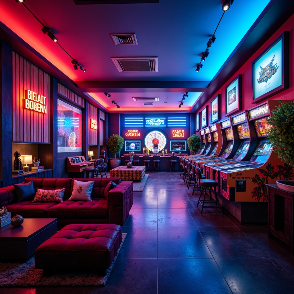 Prompt: Richly colored game room, bold accent walls, neon-lit arcade machines, retro-futuristic decor, vibrant LED lights, high-contrast color scheme, deep blues and reds, metallic silver accents, luxurious velvet furniture, dark wood paneling, immersive ambient lighting, cinematic atmosphere, wide-angle lens, dramatic shadows, realistic textures.