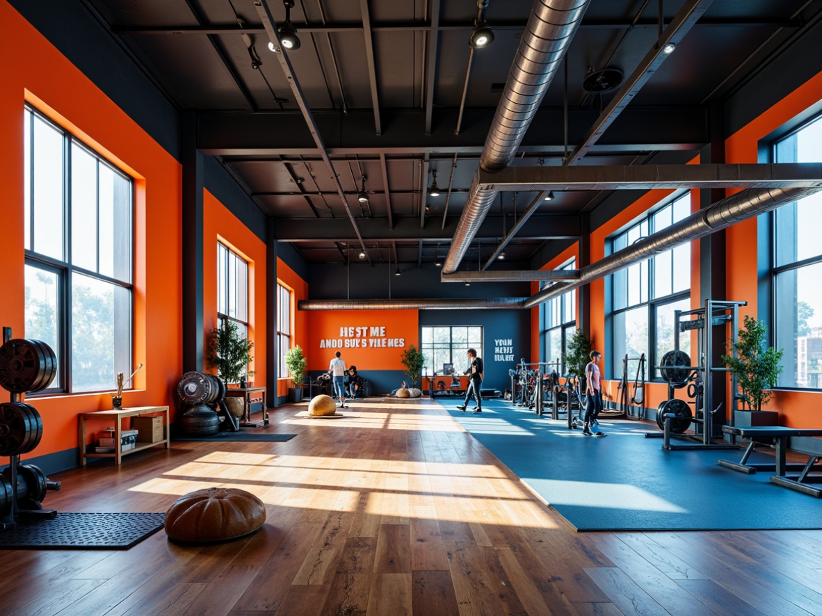 Prompt: Vibrant gym interior, bold athletic colors, energetic orange accents, deep blue tones, motivational quotes, modern sports equipment, sleek metal beams, polished wooden floors, natural light pouring in, large windows, dynamic lighting, shallow depth of field, 1/2 composition, realistic textures, ambient occlusion, bright color blocking, contrasting shading.