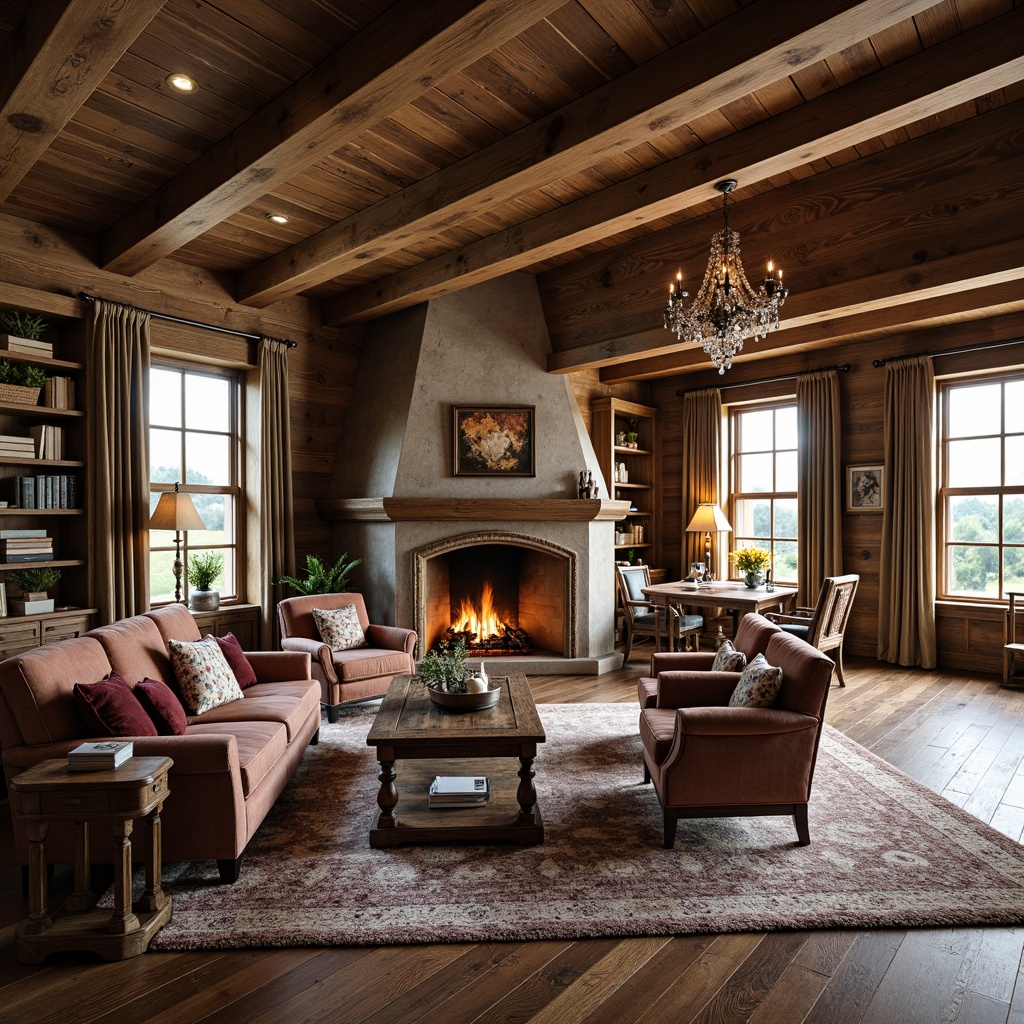 Prompt: Rustic wooden walls, stone fireplace, plush area rug, velvet sofas, ornate armchairs, distressed wood coffee table, antique furniture pieces, rich fabrics, luxurious drapes, soft warm lighting, cozy atmosphere, classic bookshelves, vintage decorative items, elegant chandeliers, patterned throw pillows, French country style accents, natural wood tones, earthy color palette, comfortable seating areas, scenic views of countryside.