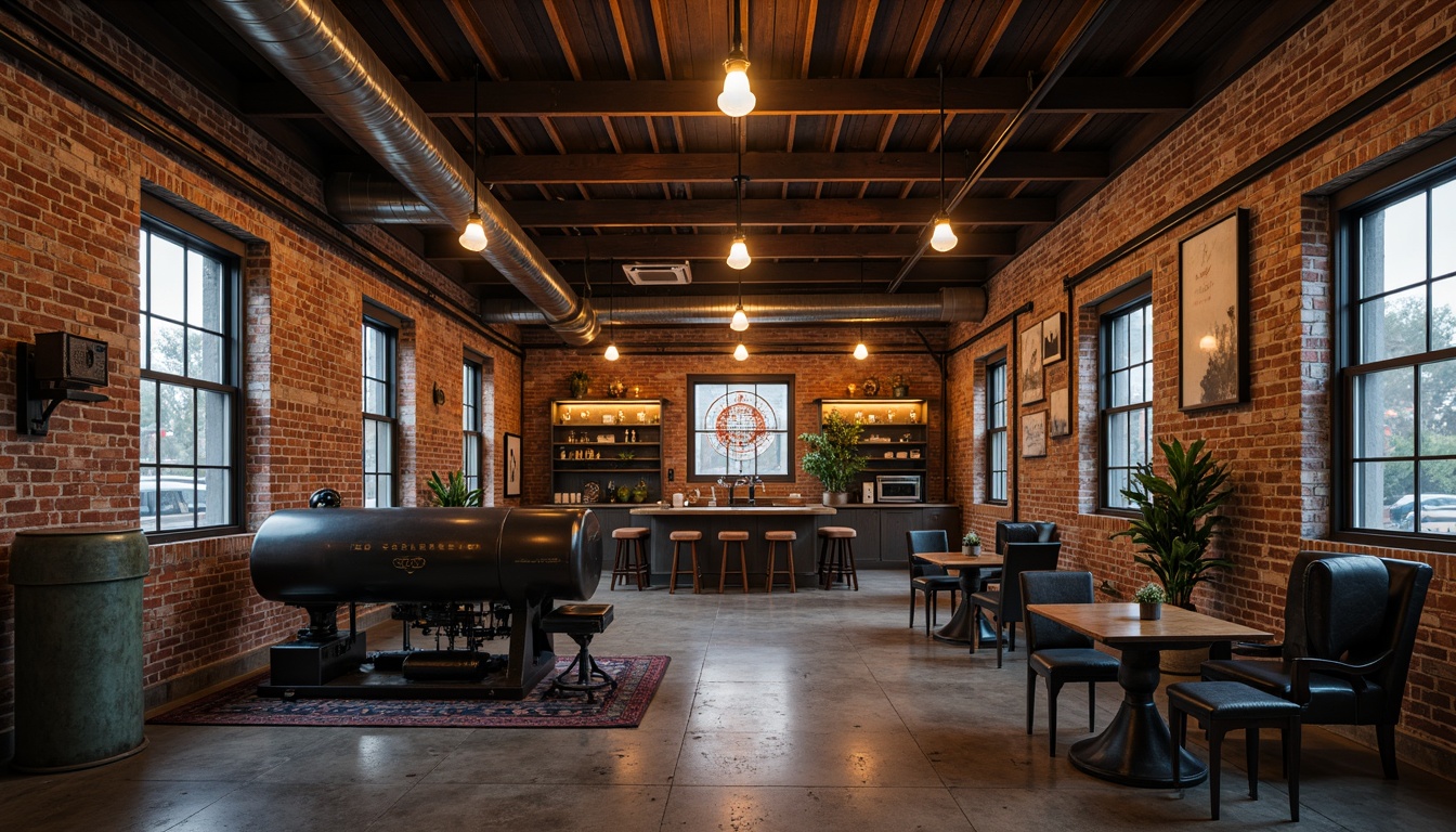 Prompt: Rustic industrial setting, distressed brick walls, metal beams, reclaimed wood accents, vintage machinery, exposed ductwork, Edison bulb lighting, concrete floors, steel windows, urban loft atmosphere, modern industrial design, functional decor, metallic tones, bold typography, contrasting textures, shallow depth of field, 1/1 composition, moody warm lighting, cinematic ambiance.