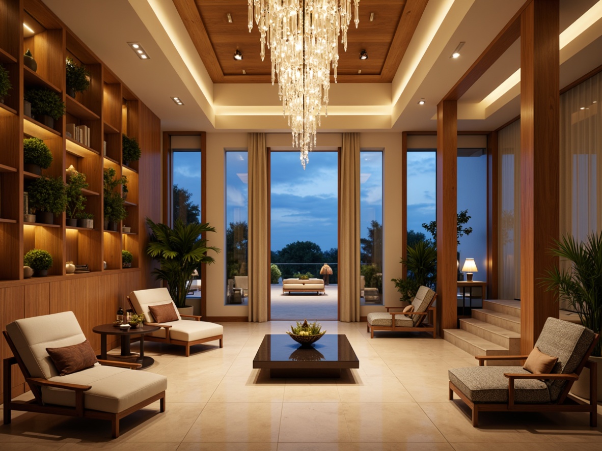 Prompt: Modern luxurious villa, grand entrance, high ceilings, elegant chandeliers, floor-to-ceiling windows, soft warm glow, ambient lighting, LED strips, recessed lights, spotlights, pendant lamps, metallic finishes, crystal prisms, dimmable lighting, warm beige tones, rich wood accents, lavish furnishings, cozy reading nooks, panoramic views, shallow depth of field, 1/1 composition, realistic textures, subtle shadows.