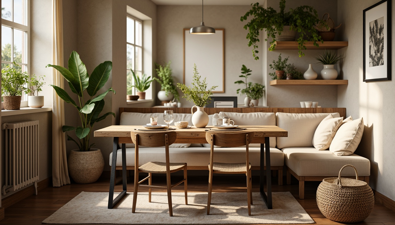 Prompt: Rustic wooden table, distressed metal legs, vintage-inspired chairs, soft cushions, warm beige tones, natural linen fabrics, woven baskets, potted greenery, earthy ceramics, morning sunlight, cozy nook atmosphere, softbox lighting, shallow depth of field, 1/1 composition, inviting textures, ambient occlusion.