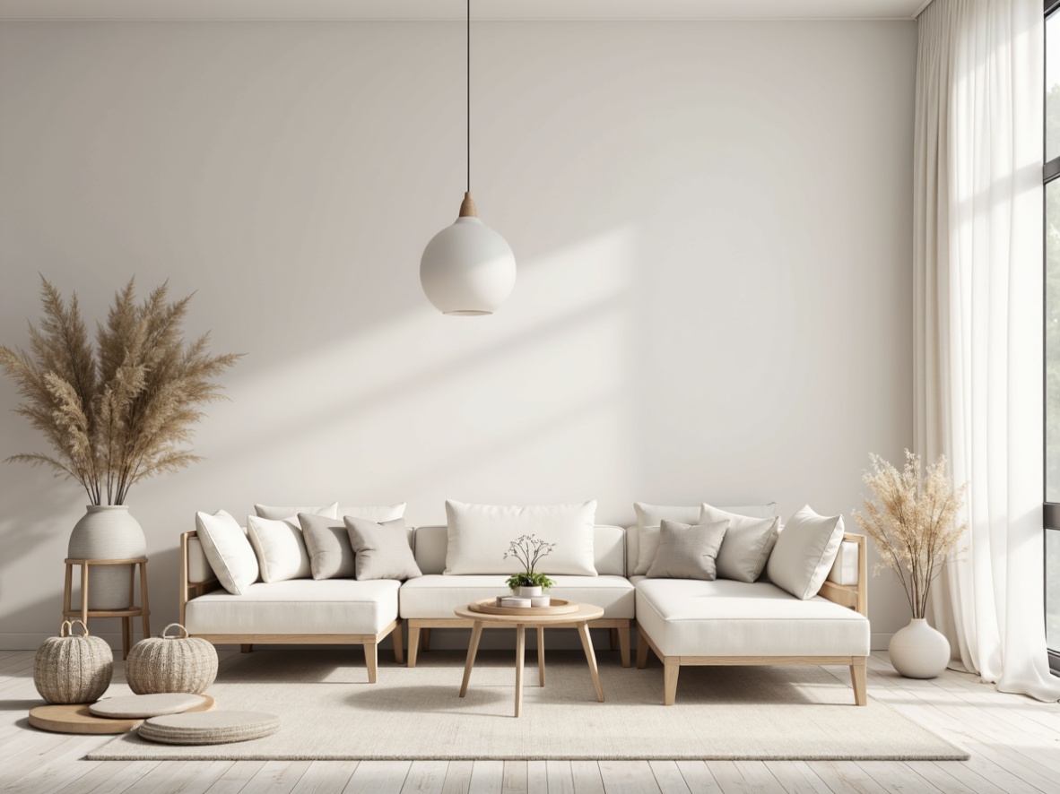 Prompt: Monochromatic interior space, soft creamy whites, gentle grays, taupe neutrals, warm beige tones, minimal ornamentation, clean lines, simple shapes, sparse decor, empty spaces, natural textiles, linen fabrics, wooden accents, subtle metallic hints, ambient soft lighting, diffused shadows, 1/1 composition, realistic rendering, atmospheric perspective.