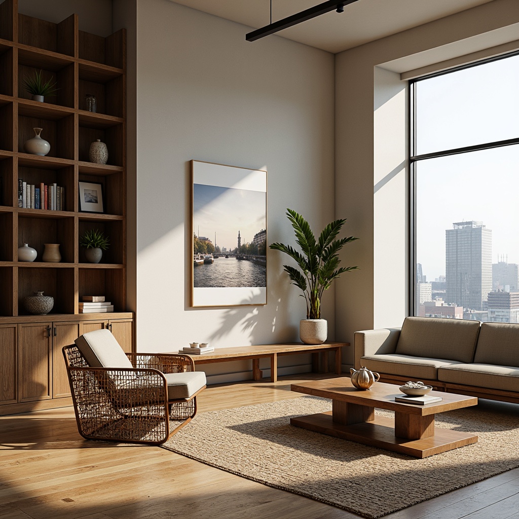 Prompt: Minimalist living room, industrial chic decor, geometric shapes, primary color scheme, tubular steel chairs, woven wicker coffee tables, rectangular sofas, functional built-in shelving, polished wooden flooring, modernist artwork, abstract sculptures, natural light pouring in, large windows, urban cityscape views, warm atmospheric lighting, 1/1 composition, shallow depth of field, realistic textures.