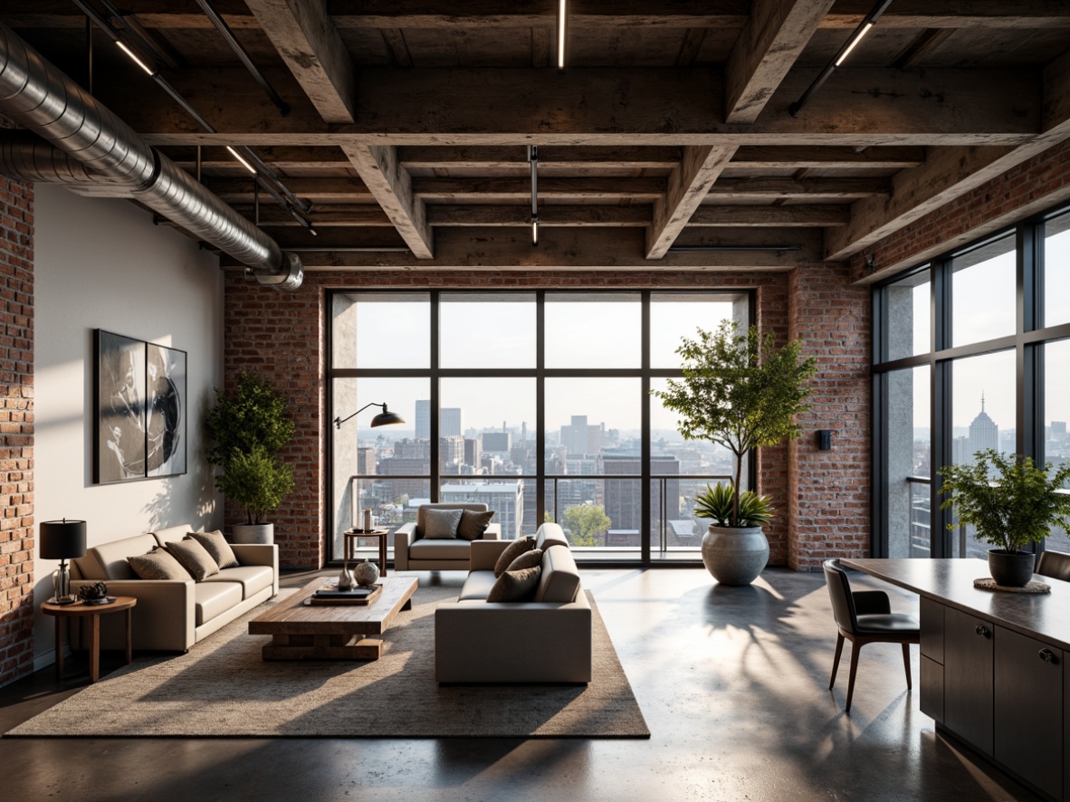 Prompt: Industrial-chic penthouse, exposed brick walls, metal beams, reclaimed wood floors, minimalist decor, urban cityscape views, floor-to-ceiling windows, industrial-style lighting fixtures, concrete countertops, stainless steel appliances, open-concept living area, spacious loft layout, natural ventilation, abundant natural light, airy atmosphere, modern sleek lines, edgy textures, abstract artwork, eclectic furniture pieces, urban loft ambiance, gritty concrete walls, metallic accents, moody color palette, dramatic cityscape views, cinematic lighting, shallow depth of field, 2/3 composition, realistic rendering.