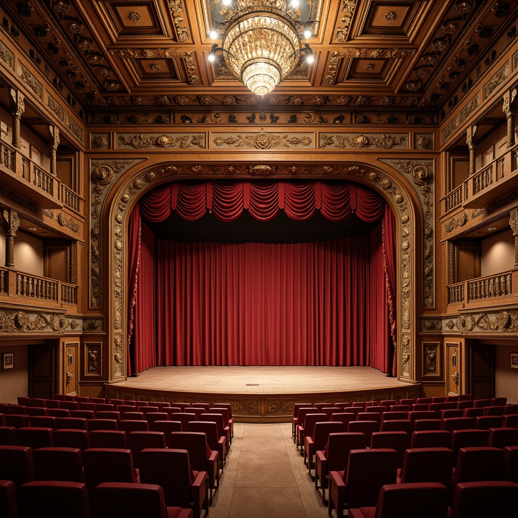 Prompt: \Traditional performing arts center, ornate wooden stage, rich velvet curtains, intricate carvings, golden accents, warm soft lighting, grand chandelier, audience seating area, plush red chairs, wooden floorboards, historic architectural details, Baroque-style ornaments, elegant balconies, dramatic spotlights, 3/4 composition, shallow depth of field, realistic textures, ambient occlusion.\