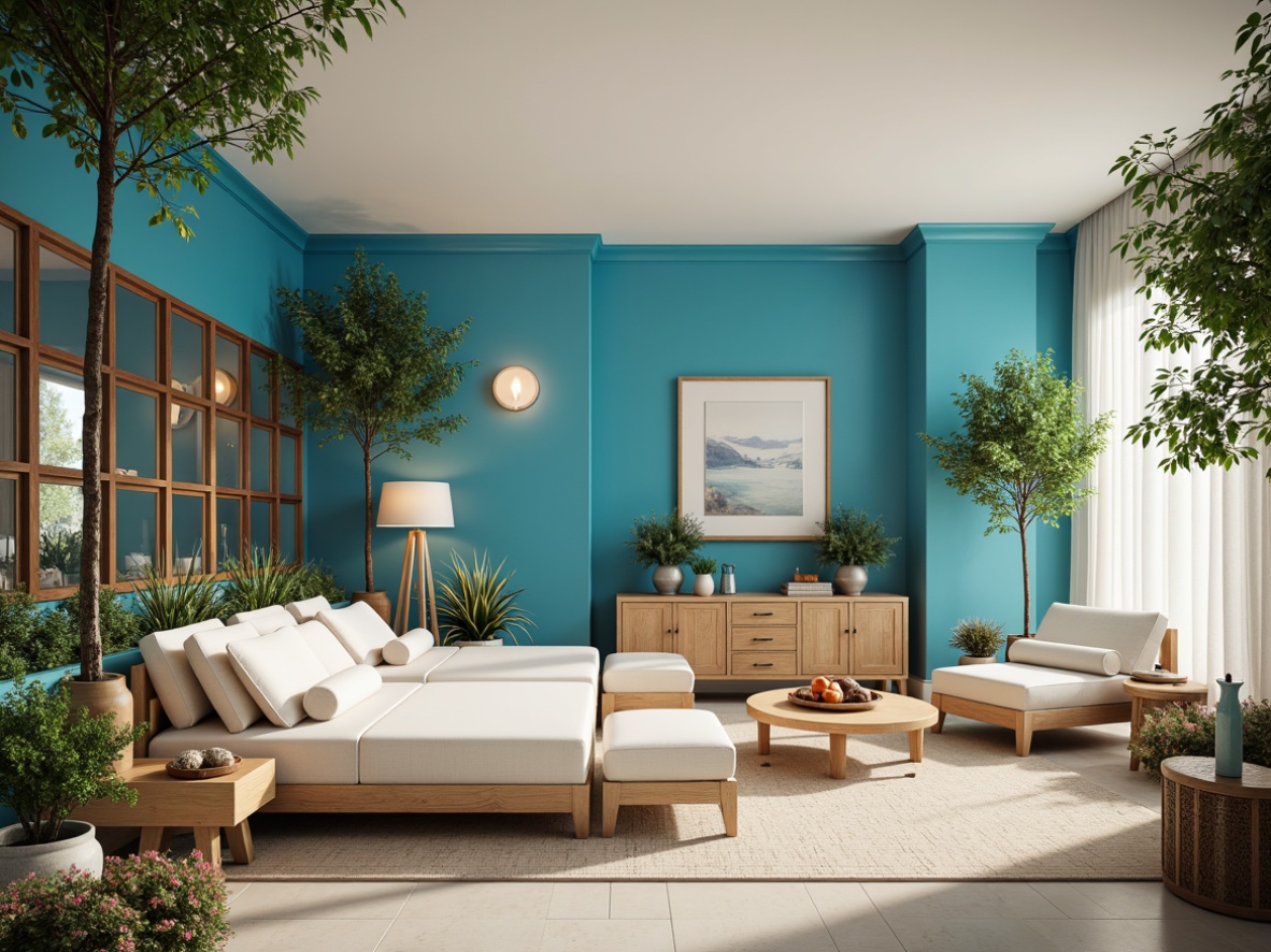 Prompt: Vibrant cerulean blue accents, soft creamy whites, warm beige tones, rich wood textures, natural stone patterns, elegant minimalist decor, airy open spaces, abundant greenery, subtle gradient effects, atmospheric lighting, shallow depth of field, 2/3 composition, panoramic view, realistic renderings, ambient occlusion.Please let me know if this meets your requirements!