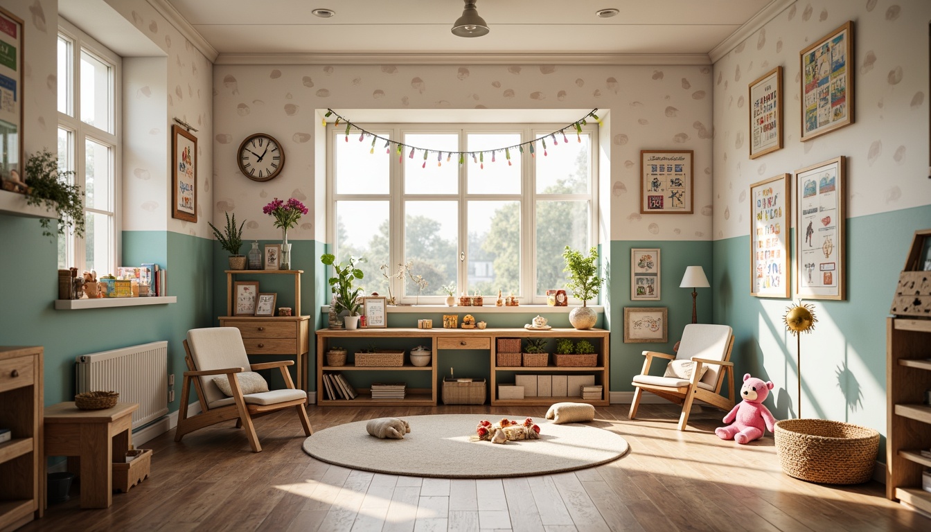 Prompt: Whimsical kindergarten interior, soft pastel colors, playful polka dots, vintage wooden furniture, distressed finishes, classic ornate decorations, plush toys, alphabet blocks, educational charts, woven wicker baskets, velvet pillows, subtle natural lighting, shallow depth of field, 1/1 composition, warm color palette, nostalgic atmosphere, traditional European influences.