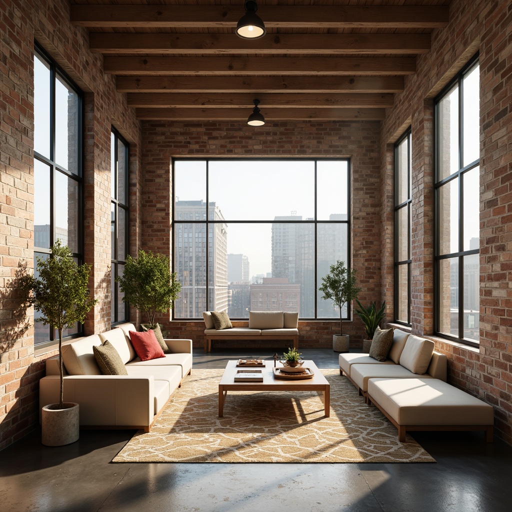 Prompt: Minimalist loft interior, industrial chic decor, exposed brick walls, polished concrete floors, wooden accents, natural textiles, plants, warm ambient lighting, soft shadows, cozy reading nooks, floor-to-ceiling windows, urban city views, modern Asian-inspired furniture, low-profile sofas, minimalist coffee tables, geometric patterned rugs, subtle color palette, warm beige tones, creamy whites, rich wood tones, soft pastels, 1/2 composition, shallow depth of field, cinematic lighting.