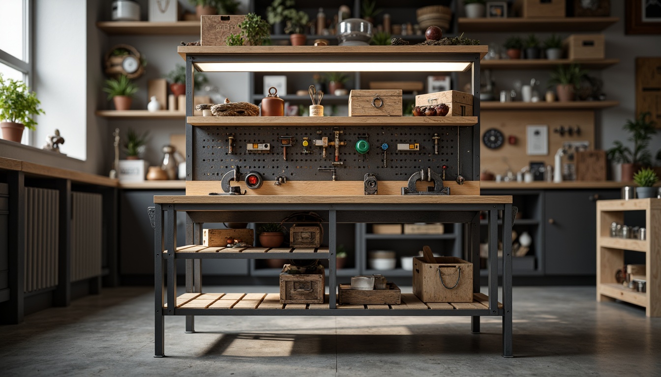 Prompt: Industrial-style workbench, metal frame, wooden top, vice grips, tool holders, storage cabinets, pegboards, LED lighting, epoxy resin finish, concrete floor, organized workspace, clutter-free environment, natural light pouring in, 3/4 composition, shallow depth of field, realistic textures.