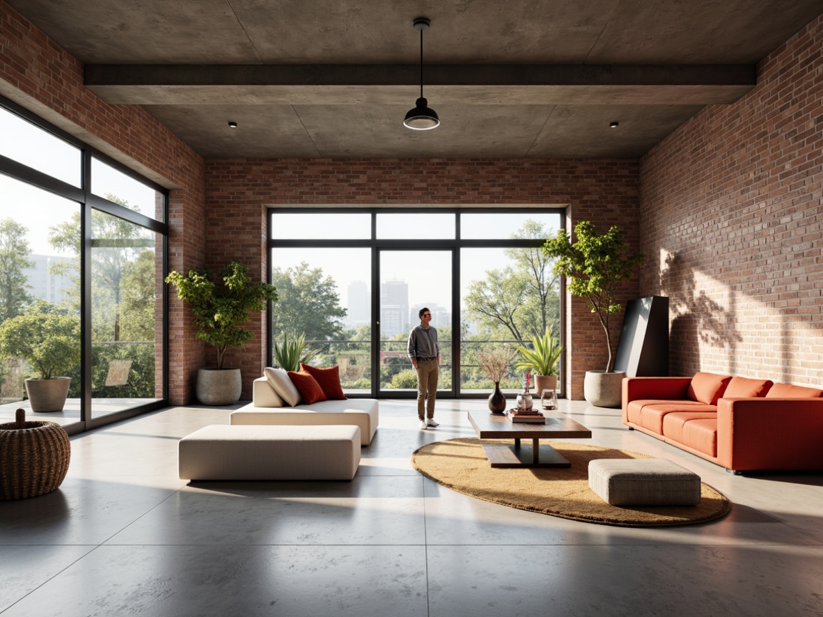 Prompt: Open-plan living space, minimalist decor, industrial materials, exposed brick walls, polished concrete floors, functional furniture, geometric shapes, primary color accents, natural light pouring, large windows, sliding glass doors, airy atmosphere, simplified forms, clean lines, functional simplicity, 1/1 composition, high-contrast lighting, subtle shadows, realistic textures, ambient occlusion.